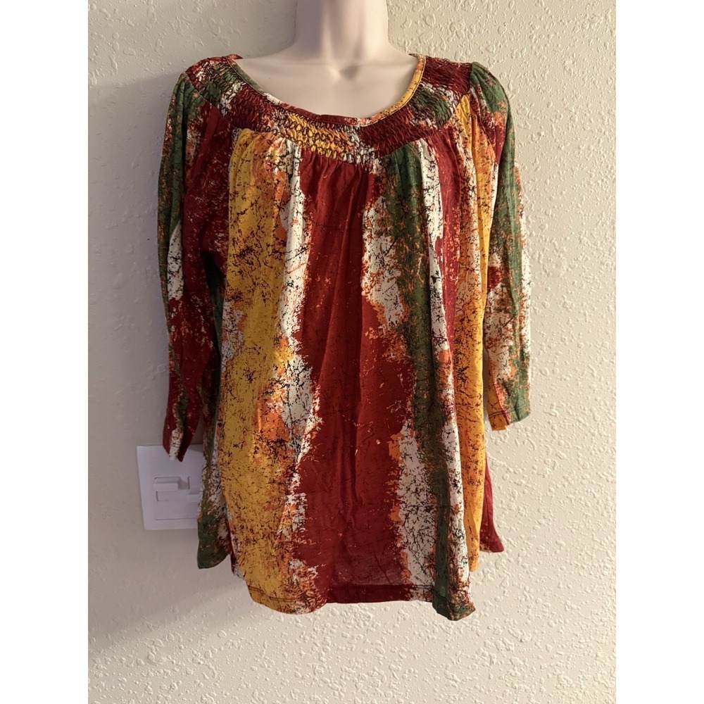 Jason Maxwell Women Multicolor Blouse Top XL Smocked Scoop Neck 3/4 Sleeve 896*8